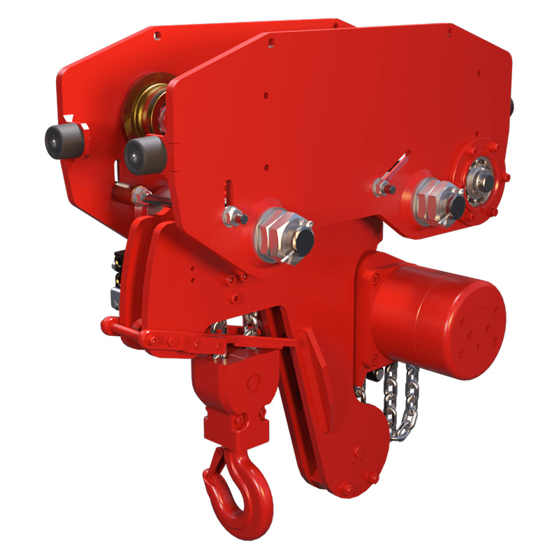 Red Rooster 1 tonne low headroom trolley suspension air hoist TCR 1000 2 Fall for compact lifting and maintenance operations