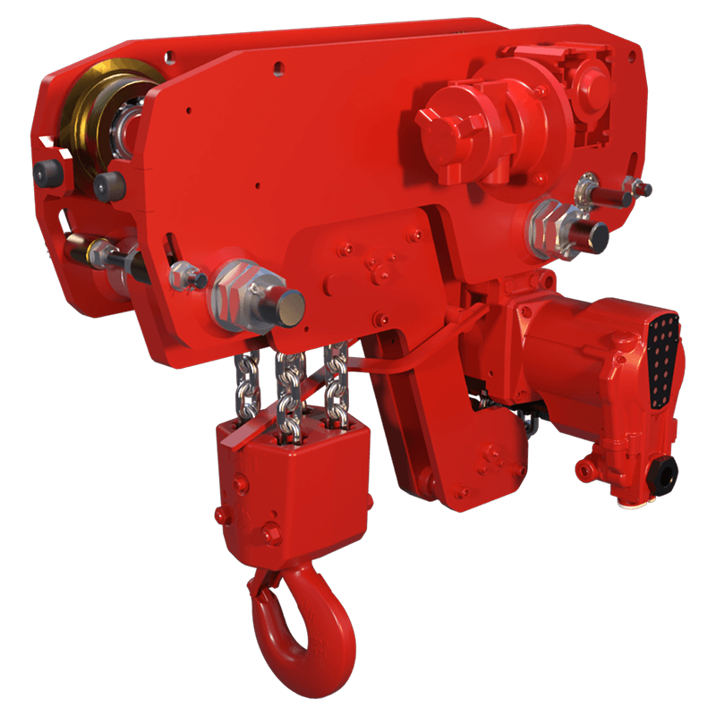 Red Rooster 12 tonne low headroom trolley suspension air hoist TMH 12000 designed for restricted clearance industrial lifting