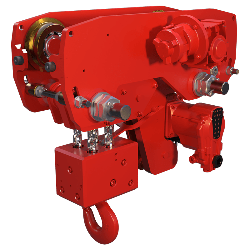 Red Rooster 15 tonne low headroom trolley suspension air hoist TMH 6000 designed for restricted clearance industrial lifting