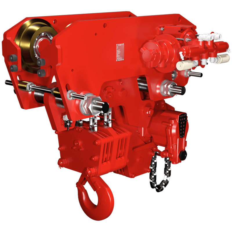 Red Rooster 20 tonne low headroom trolley suspension air hoist TMH 20T for confined height lifting and restricted clearance applications