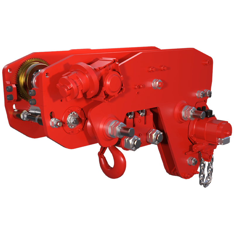 Red Rooster 20 tonne ultra low headroom trolley suspension air hoist TMH 20T designed for high capacity lifting in minimal clearance installations