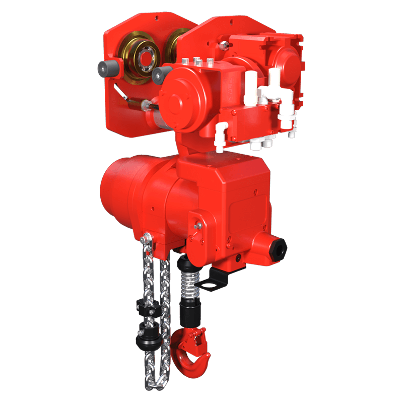 Red Rooster 1 tonne trolley suspension air hoist TCR 1000 configured for safe load travel and maintenance lifting tasks