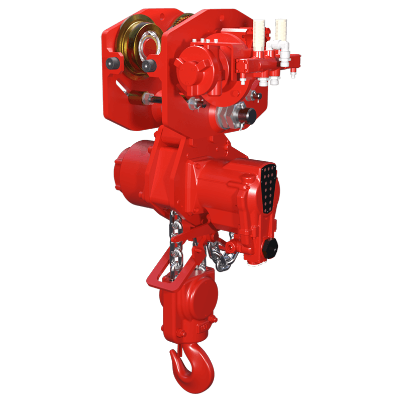 Red Rooster 10 tonne trolley suspension air hoist TMH 10T with AT10S trolley for heavy industrial lifting and beam travel applications