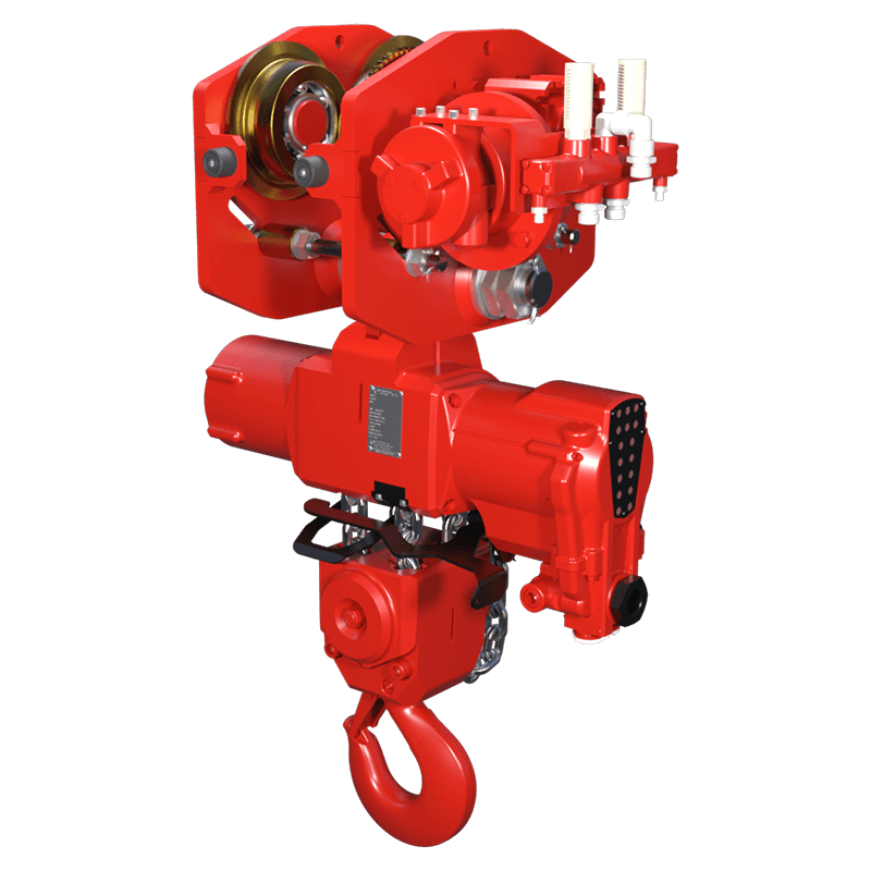 Red Rooster 12 tonne trolley suspension air hoist TMH 12000 designed for high capacity industrial lifting applications