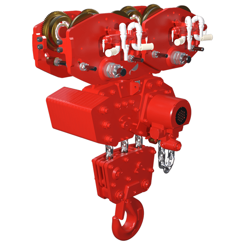 Red Rooster 37.5 tonne trolley suspension air hoist TMH 37.5T with AT37.5 2S trolley for heavy industrial and offshore lifting applications