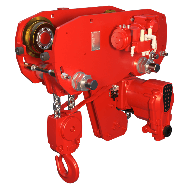 Red Rooster 6 tonne low headroom trolley suspension air hoist TMH 6000 designed for restricted clearance industrial lifting