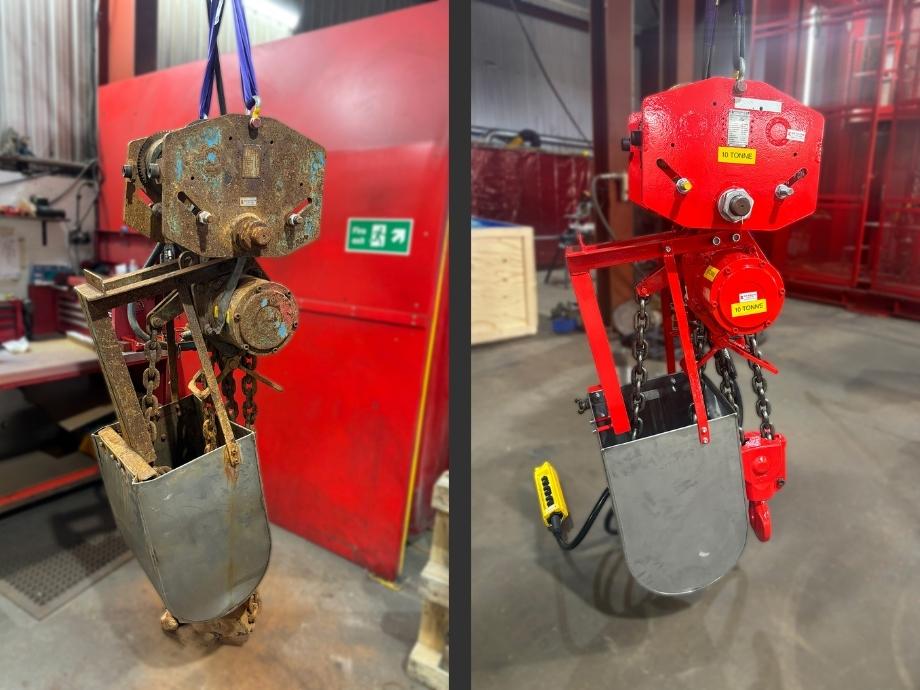 Before and after of a hoist refurbishment - Red Rooster Lifting