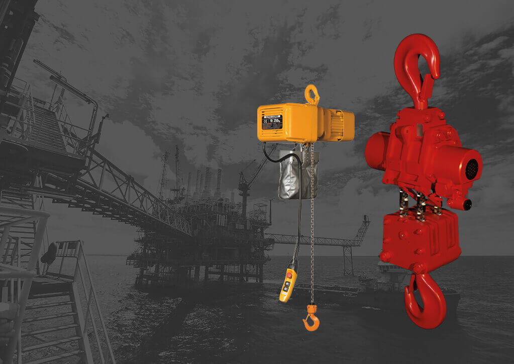 A Red Rooster Lifting Air Hoist and A Kito Electric chain hoist