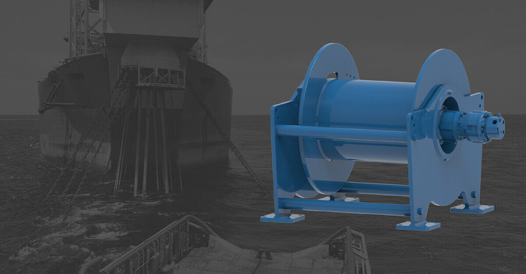 An EMCE winch from Red Rooster Lifting with a ship in the background