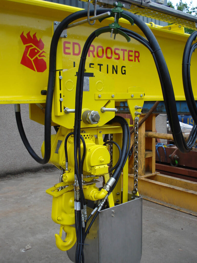 Close-up of 10 tonne pneumatic hoist on Red Rooster Lifting custom overhead crane