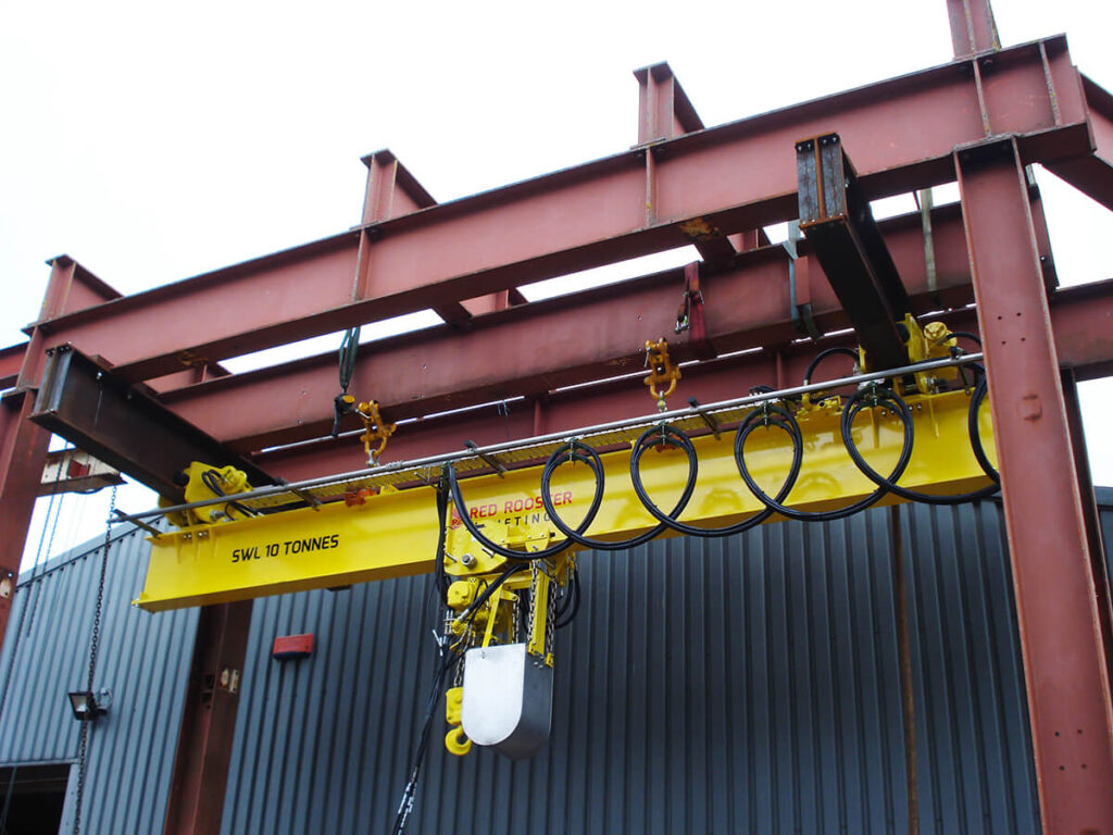 Custom 10 tonne pneumatic overhead crane being tested on Red Rooster Lifting test rig