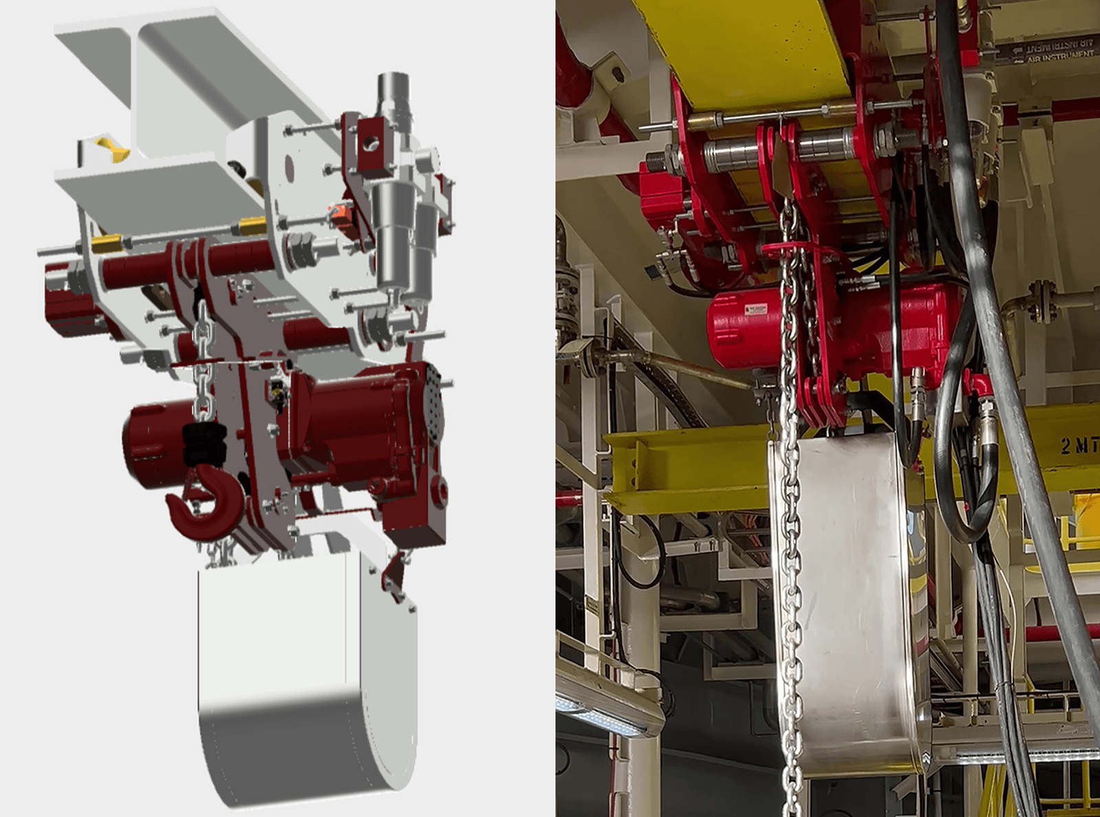 Custom air hoist STEP file preview beside real-world FPSO installation showing project integration from CAD model to offshore application