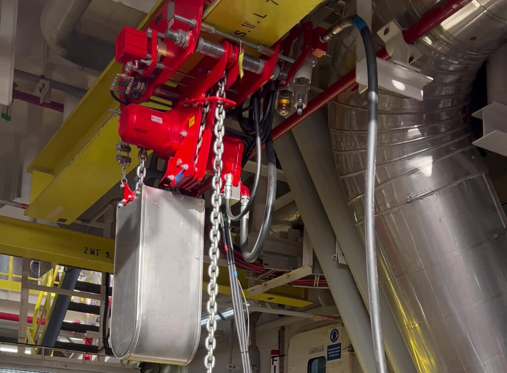 Low headroom air hoist installed on an FPSO supporting custom offshore lifting operations in a restricted industrial environment