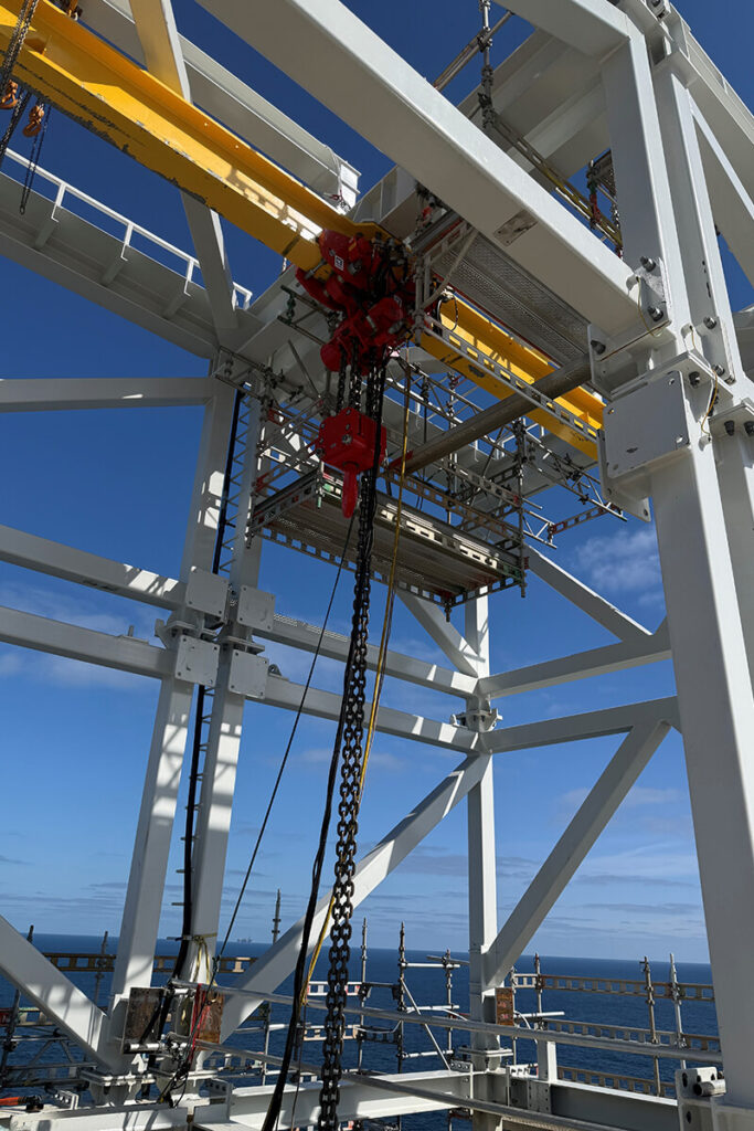 50 tonne rental air hoist and trolley installed on an offshore monorail structure in Norway