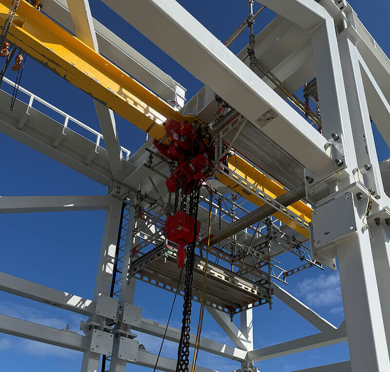 50 tonne rental air hoist and trolley installed on an offshore monorail structure in Norway